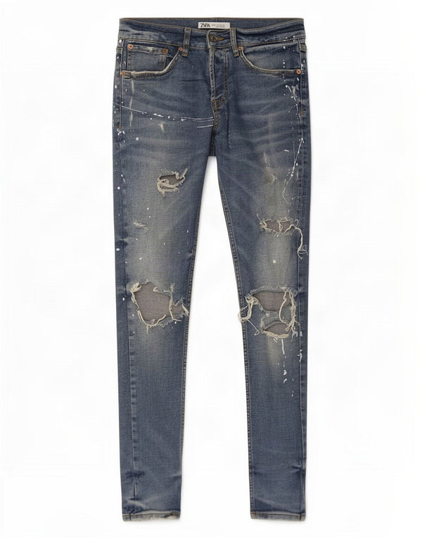 Zara Mens Distressed Slim Jeans EU 38 Pequeno W28 L30 Azul Algodão