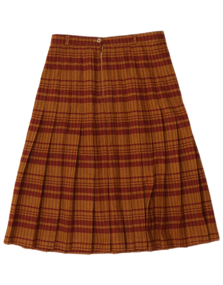 Saia plissada feminina vintage W28 lã xadrez marrom médio