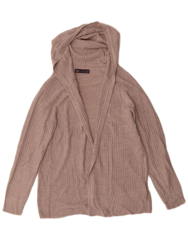 Suéter cardigã feminino aberto com capuz Marks & Spencer Reino Unido 14 médio bege