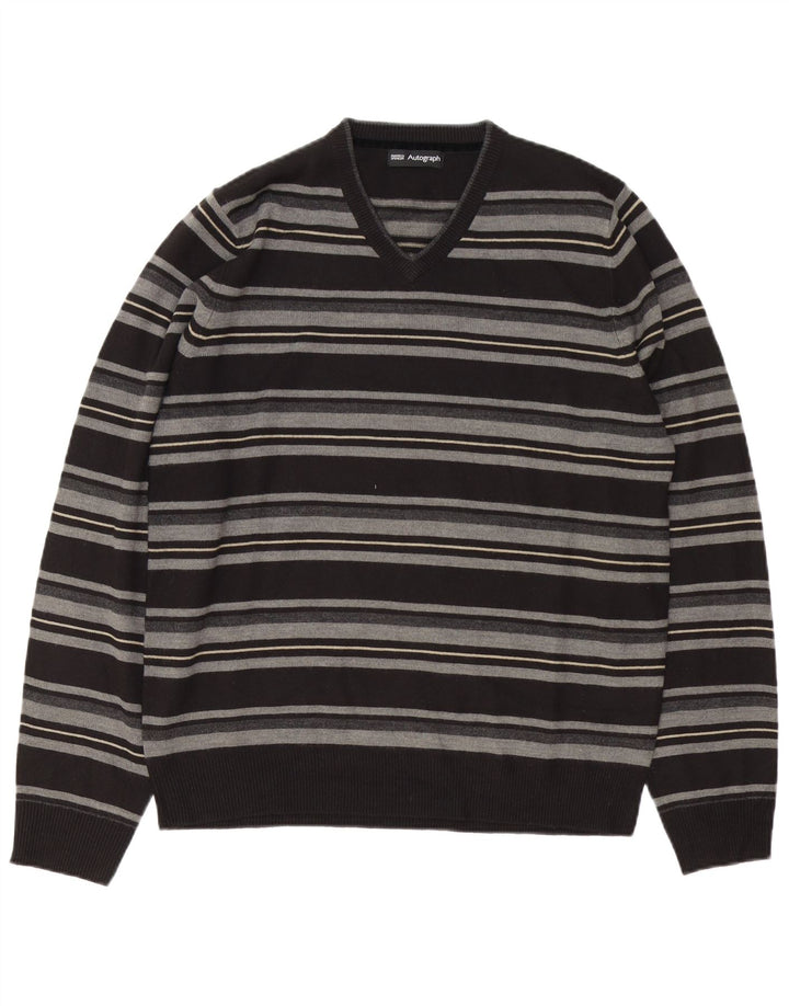 Suéter masculino Marks & Spencer Autograph com decote em V listrado preto médio