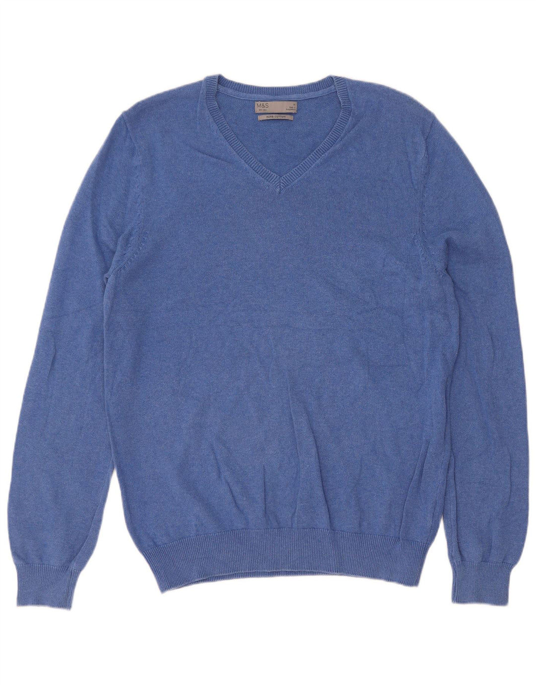Suéter masculino Marks & Spencer com decote em V de algodão azul médio