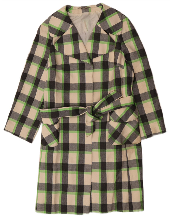 Sobretudo feminino vintage UK 12 médio xadrez multicolorido lã nova