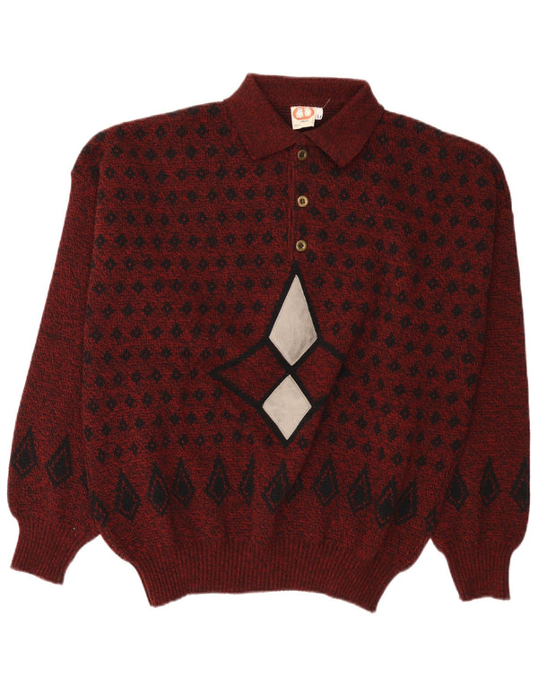 Suéter masculino vintage com gola polo IT 54 XL Borgonha Argyle/Lã Diamante