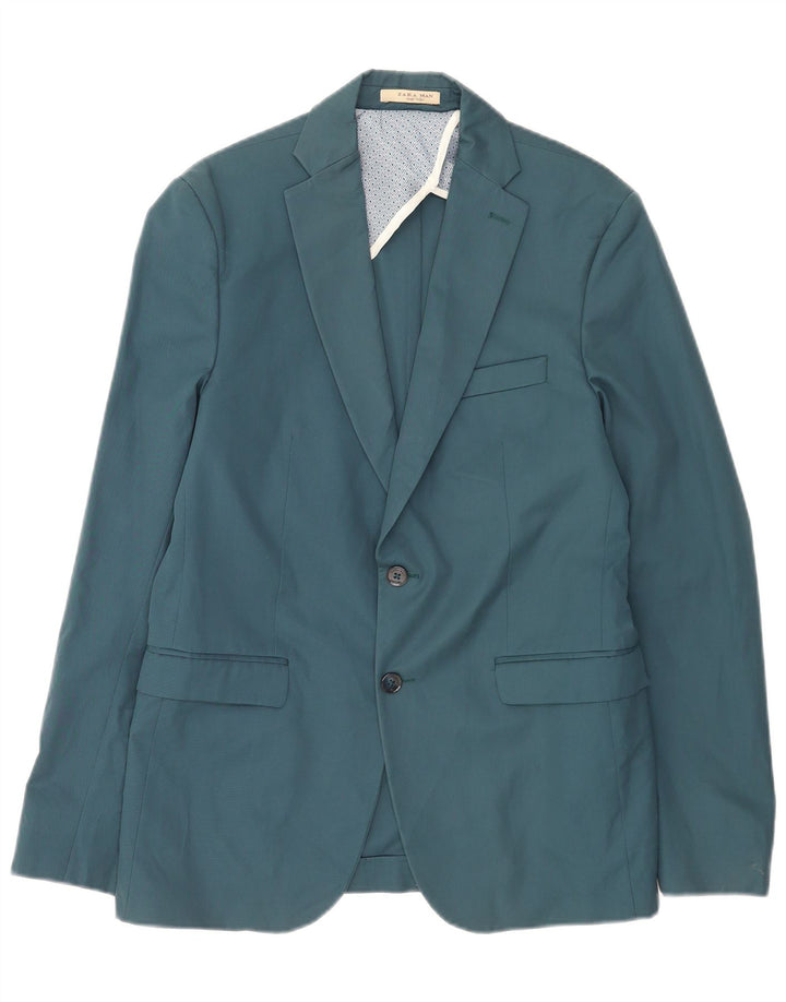 Jaqueta blazer masculina Zara com 2 botões EU 50 poliéster azul médio