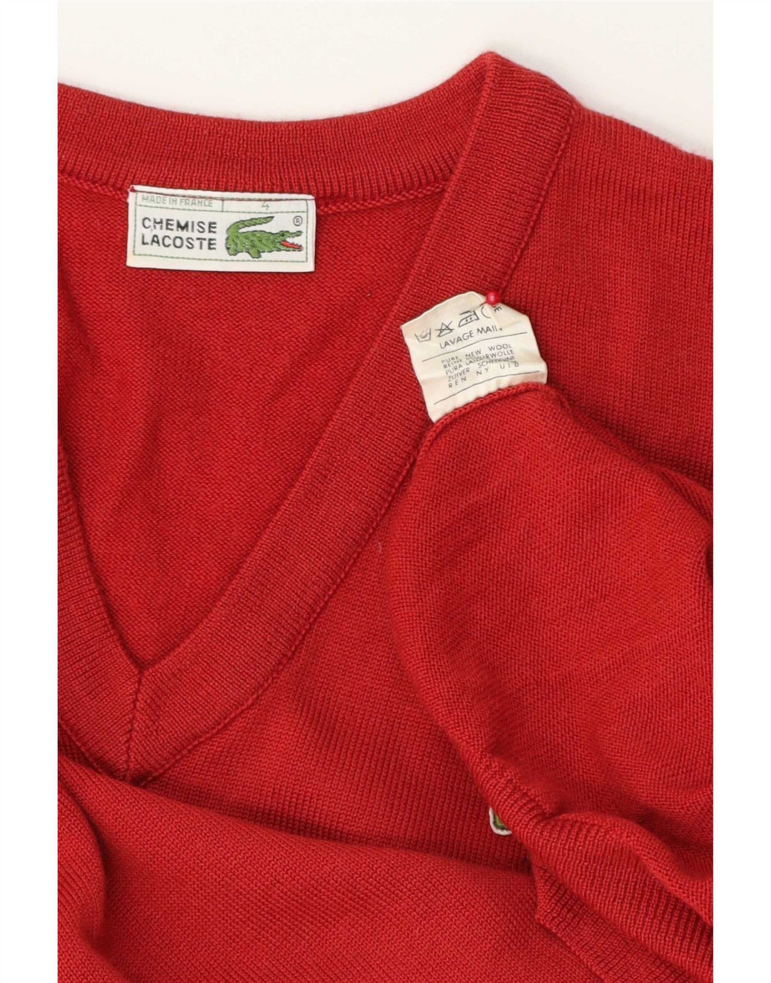 Suéter masculino Lacoste com decote em V tamanho 4 médio vermelho lã nova