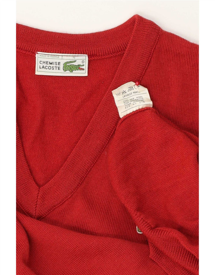 Suéter masculino Lacoste com decote em V tamanho 4 médio vermelho lã nova