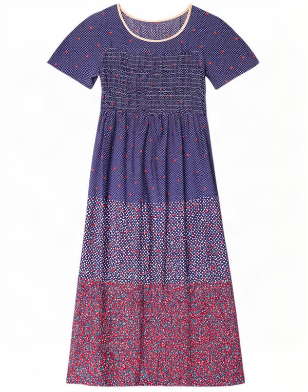 Vestido maxi feminino vintage Reino Unido 10 pequeno algodão floral azul