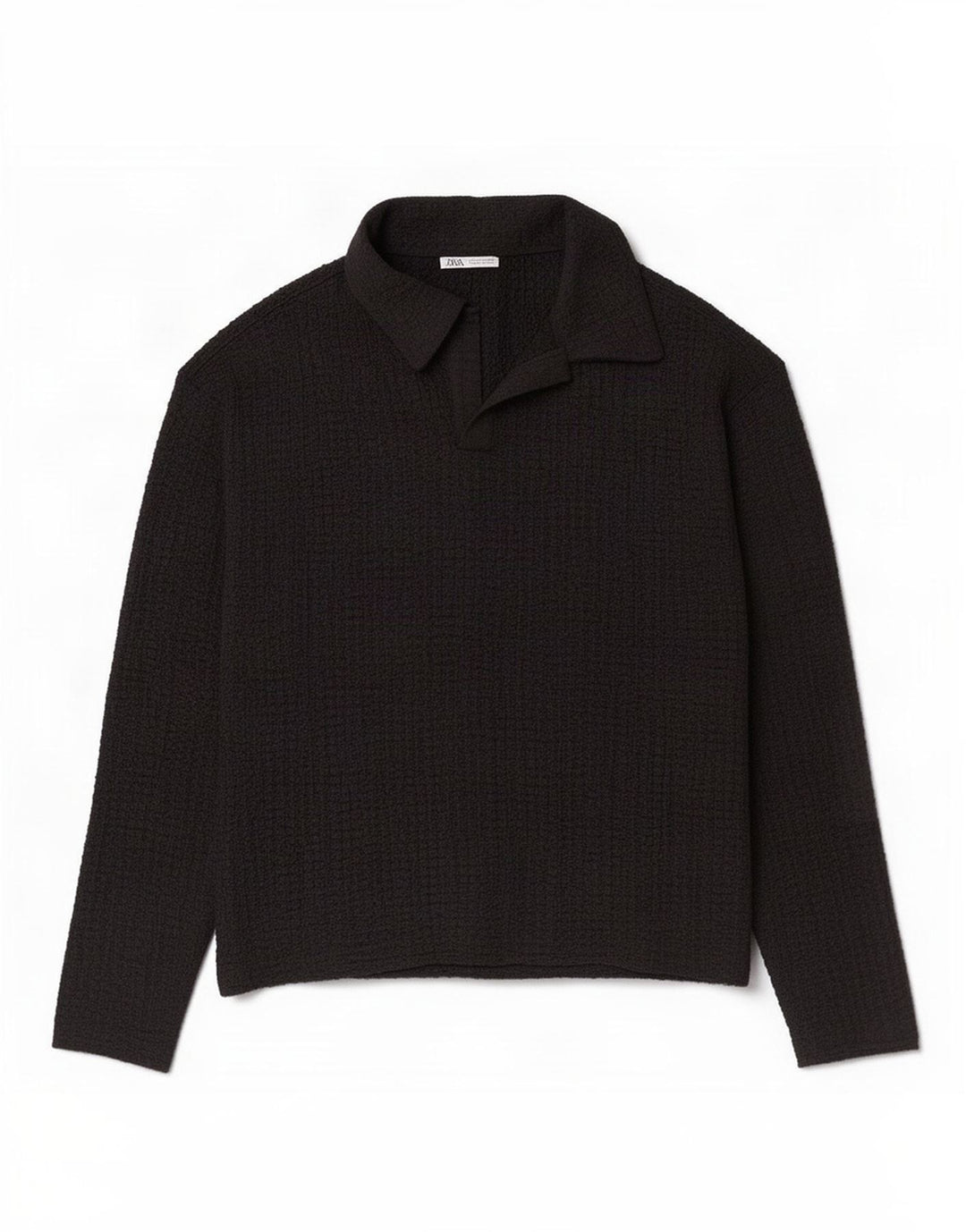 Zara Camisa polo masculina de manga comprida pequena preta poliéster