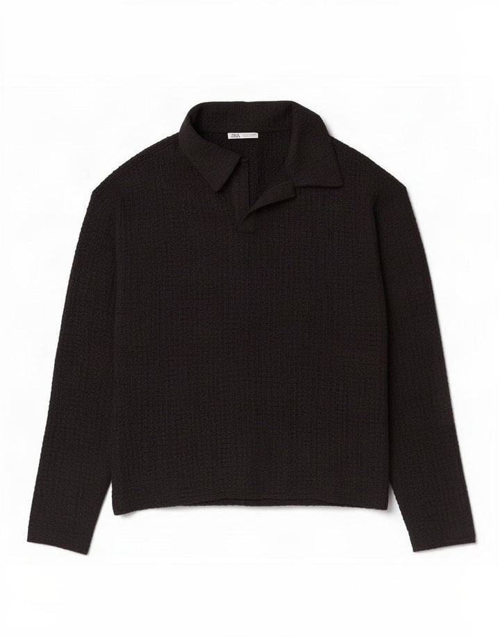Zara Camisa polo masculina de manga comprida pequena preta poliéster