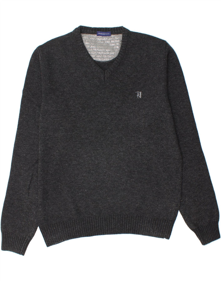 TRUSSARDI JEANS Mens V-Neck Jumper Sweater Large Grey Wool Vintage Trussardi Jeans and Second-Hand Trussardi Jeans from Messina Hembry 
