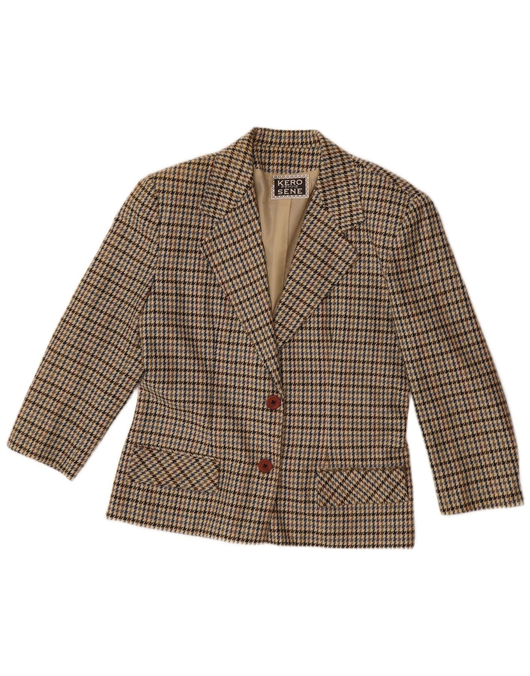 Jaqueta blazer feminina vintage com 2 botões Reino Unido 14 grande houndstooth bege