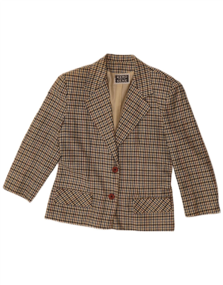 Jaqueta blazer feminina vintage com 2 botões Reino Unido 14 grande houndstooth bege