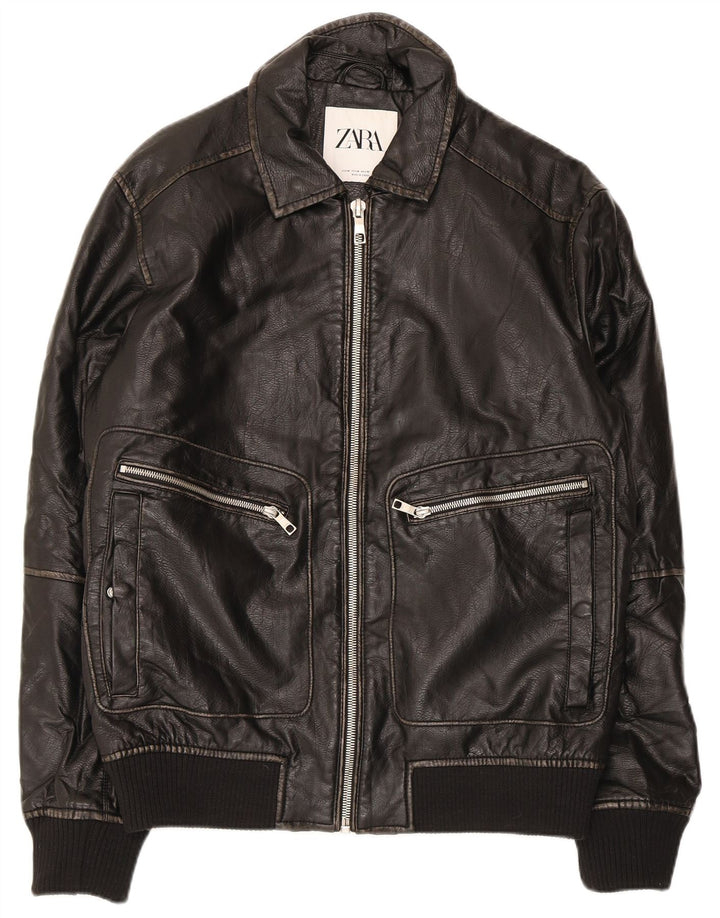 Jaqueta de couro masculina Zara UK 38 poliuretano preto médio