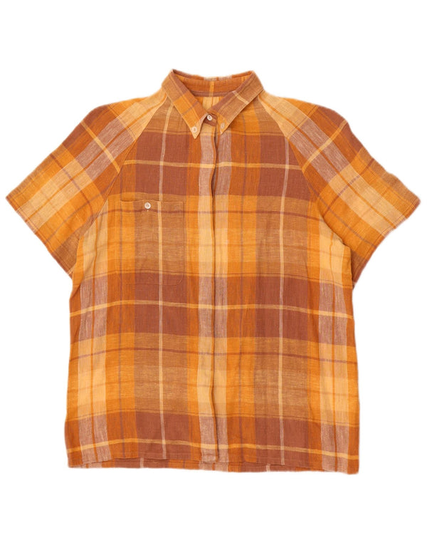 Camisa feminina vintage de manga curta UK 14 algodão xadrez marrom médio