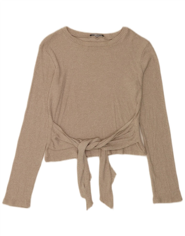 Top feminino Zara manga comprida UK 12 viscose bege médio