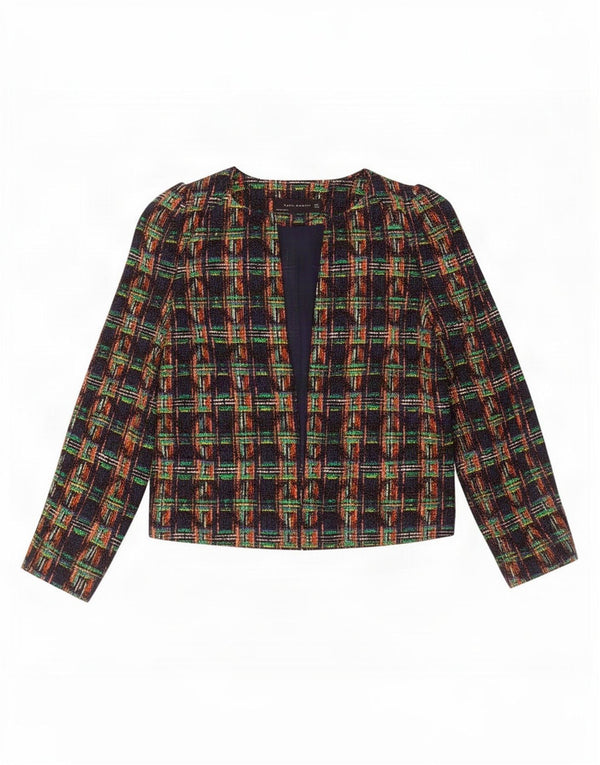 Zara Womens Crop Open Blazer Jacket Reino Unido 10 pequeno algodão xadrez multicolorido
