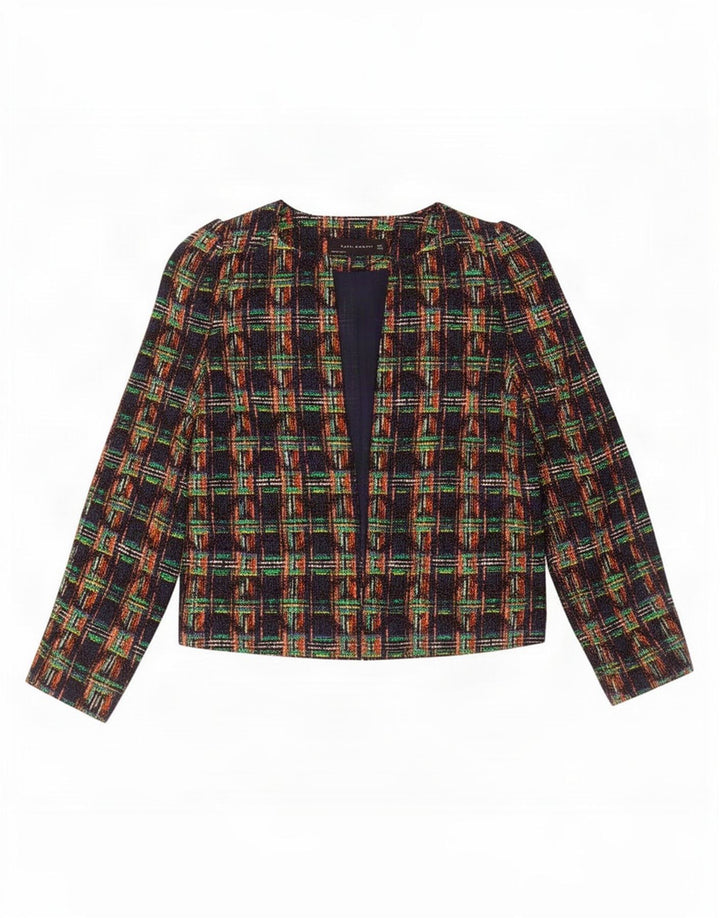 Zara Womens Crop Open Blazer Jacket Reino Unido 10 pequeno algodão xadrez multicolorido