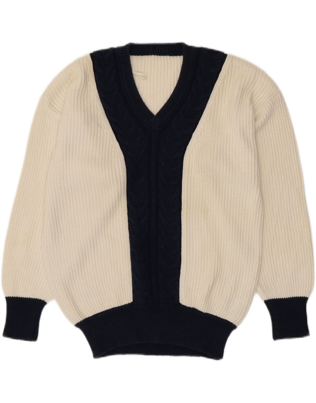 Suéter feminino VINTAGE com decote em V UK 16 grande bloco colorido branco