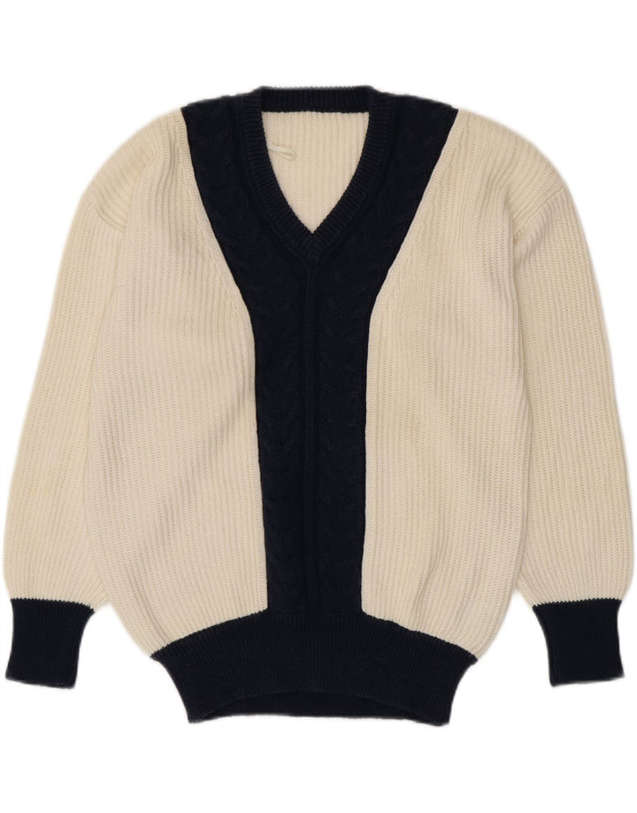 Suéter feminino VINTAGE com decote em V UK 16 grande bloco colorido branco