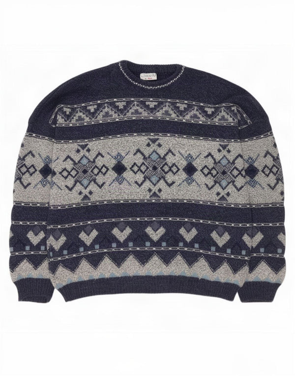 Suéter vintage masculino com gola redonda Reino Unido 42/44 grande azul marinho Fair Isle