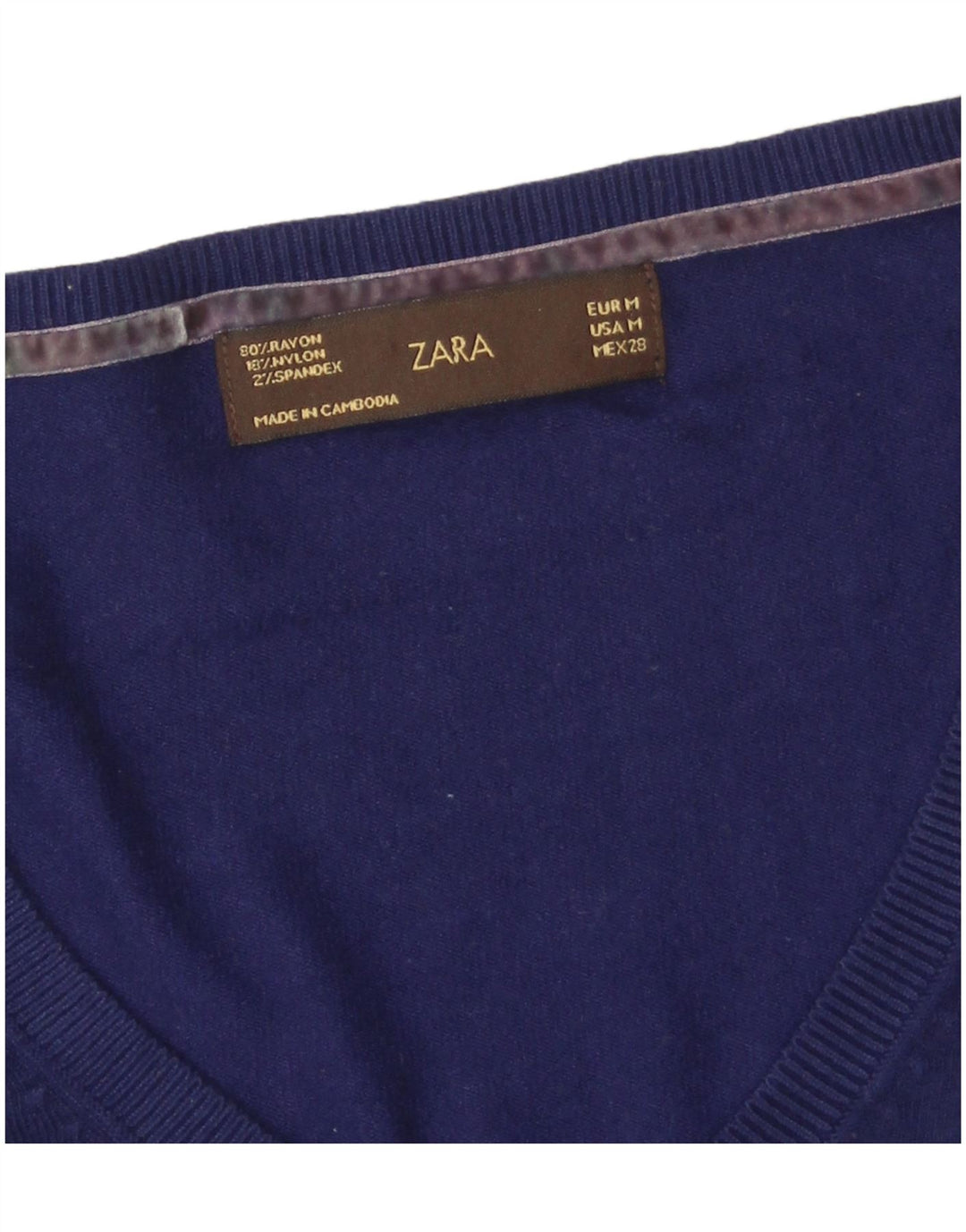 Suéter feminino Zara com decote em V Reino Unido 12 médio azul marinho rayon