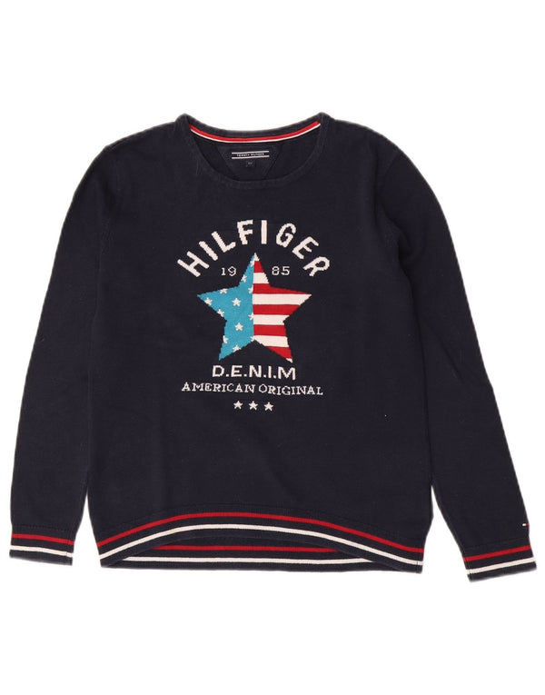 Tommy Hilfiger Suéter masculino com gola redonda gráfica 11-12 anos azul marinho