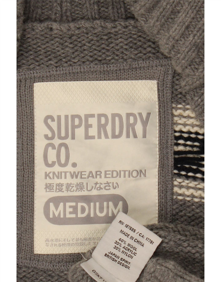 Suéter cardigã feminino Superdry UK 14 lã geométrica cinza médio