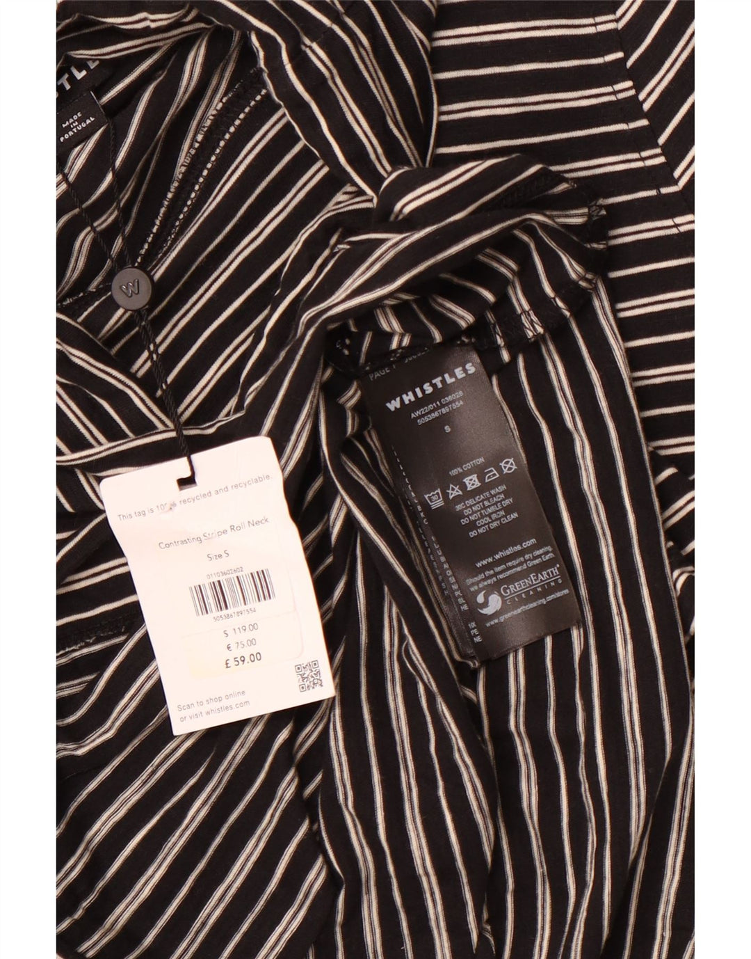 WHISTLES Top feminino com gola redonda e manga comprida Reino Unido 10 pequeno algodão listrado preto