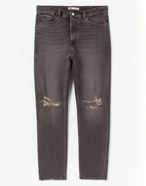 Zara Calça jeans reta masculina desgastada UE 44 grande W34 L29 algodão cinza