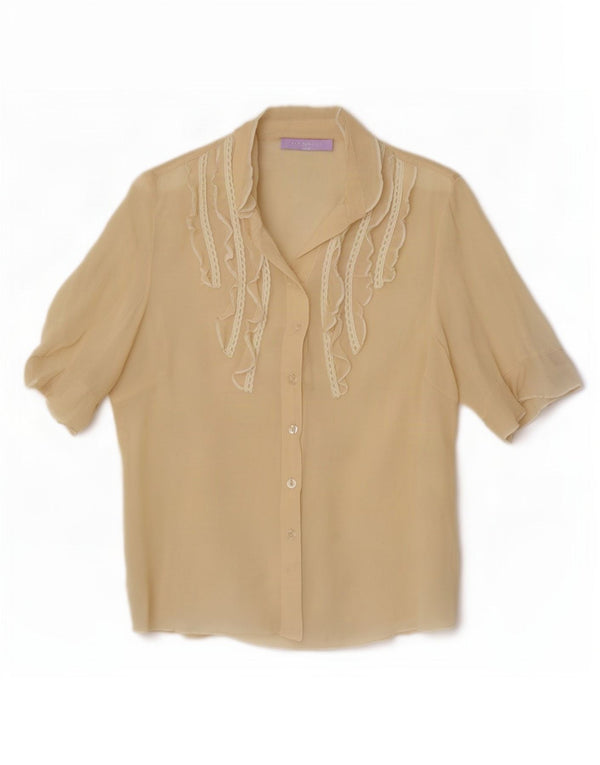 Camisa feminina vintage de manga curta com babados na frente UK 12 bege médio