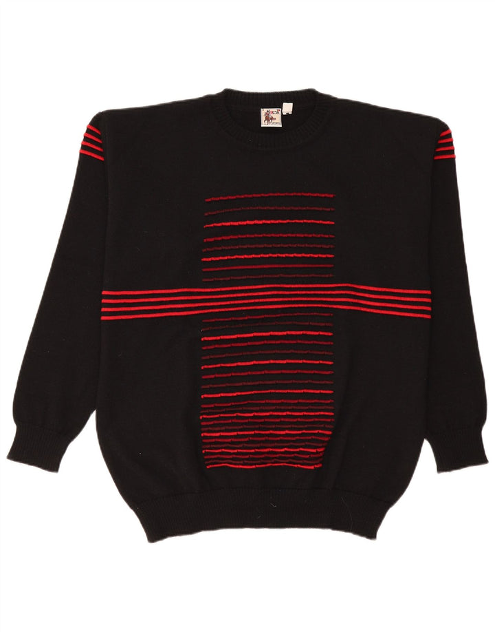 Suéter masculino vintage com gola redonda UK 38/40 listrado preto médio