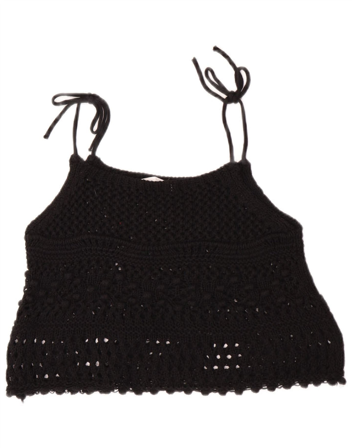 Zara Top feminino de crochê sem mangas UK 12 médio preto
