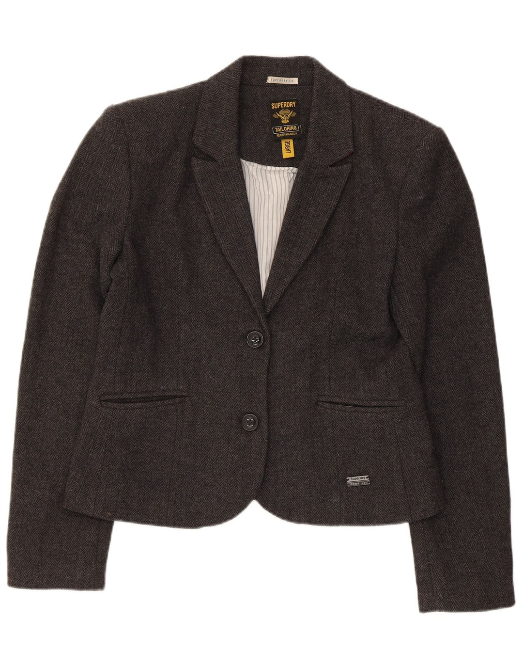 Jaqueta blazer feminina Superdry com 2 botões Reino Unido 14 grande lã espinha de peixe cinza