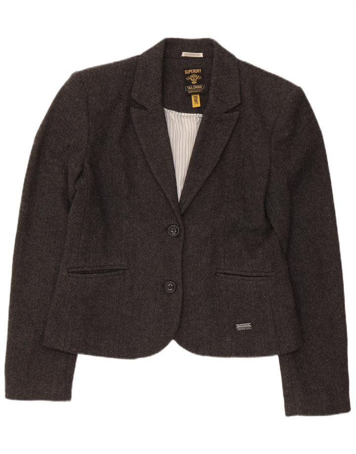 Jaqueta blazer feminina Superdry com 2 botões Reino Unido 14 grande lã espinha de peixe cinza