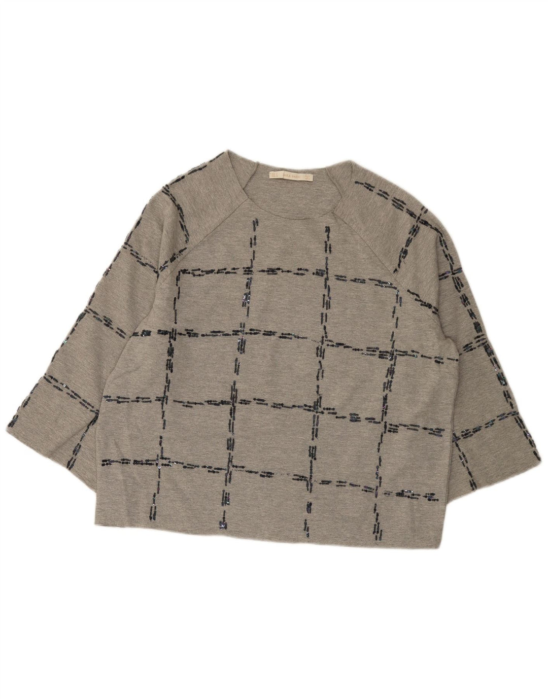 Zara Top feminino oversized manga 3/4 Reino Unido 14 xadrez cinza médio