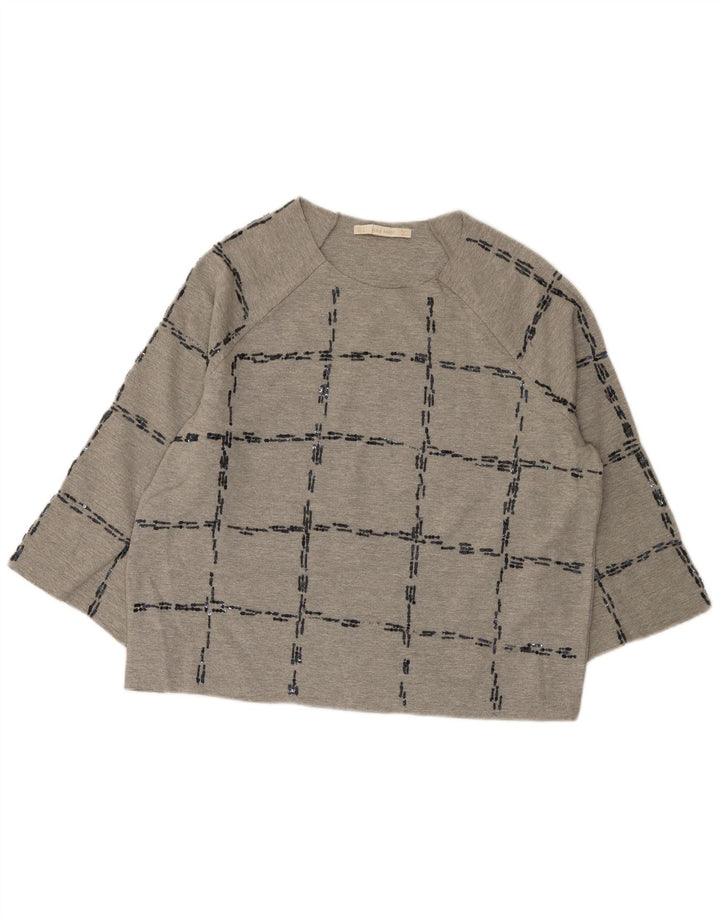 Zara Top feminino oversized manga 3/4 Reino Unido 14 xadrez cinza médio