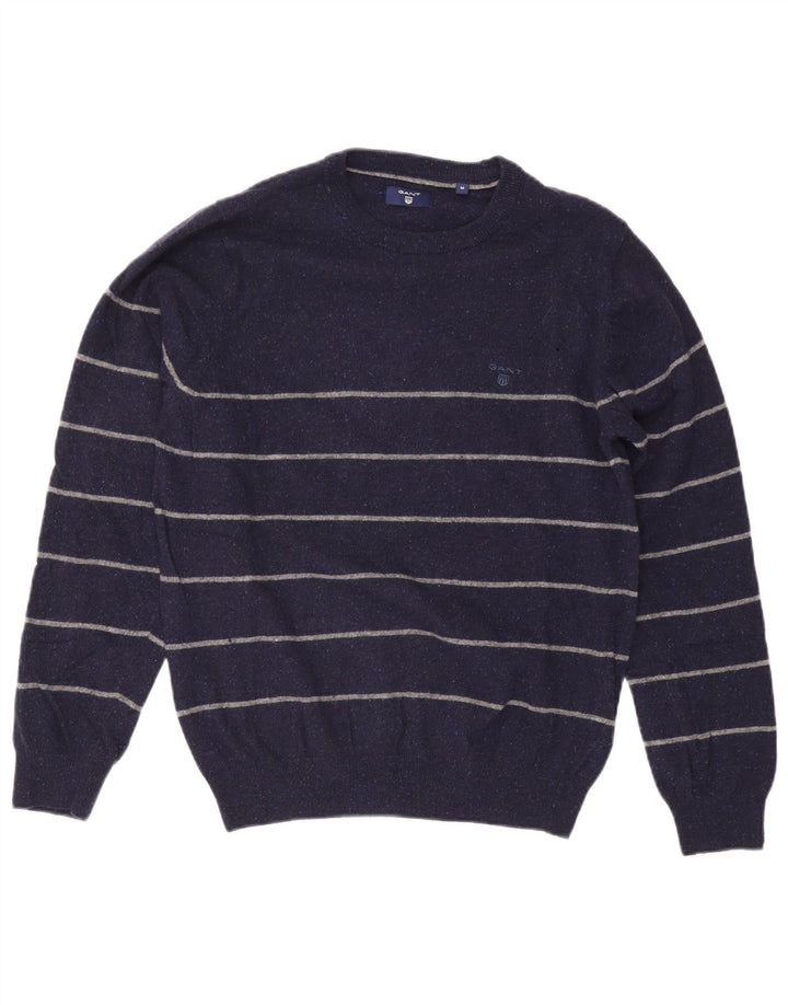 Suéter masculino Gant com gola redonda, lã listrada azul marinho médio