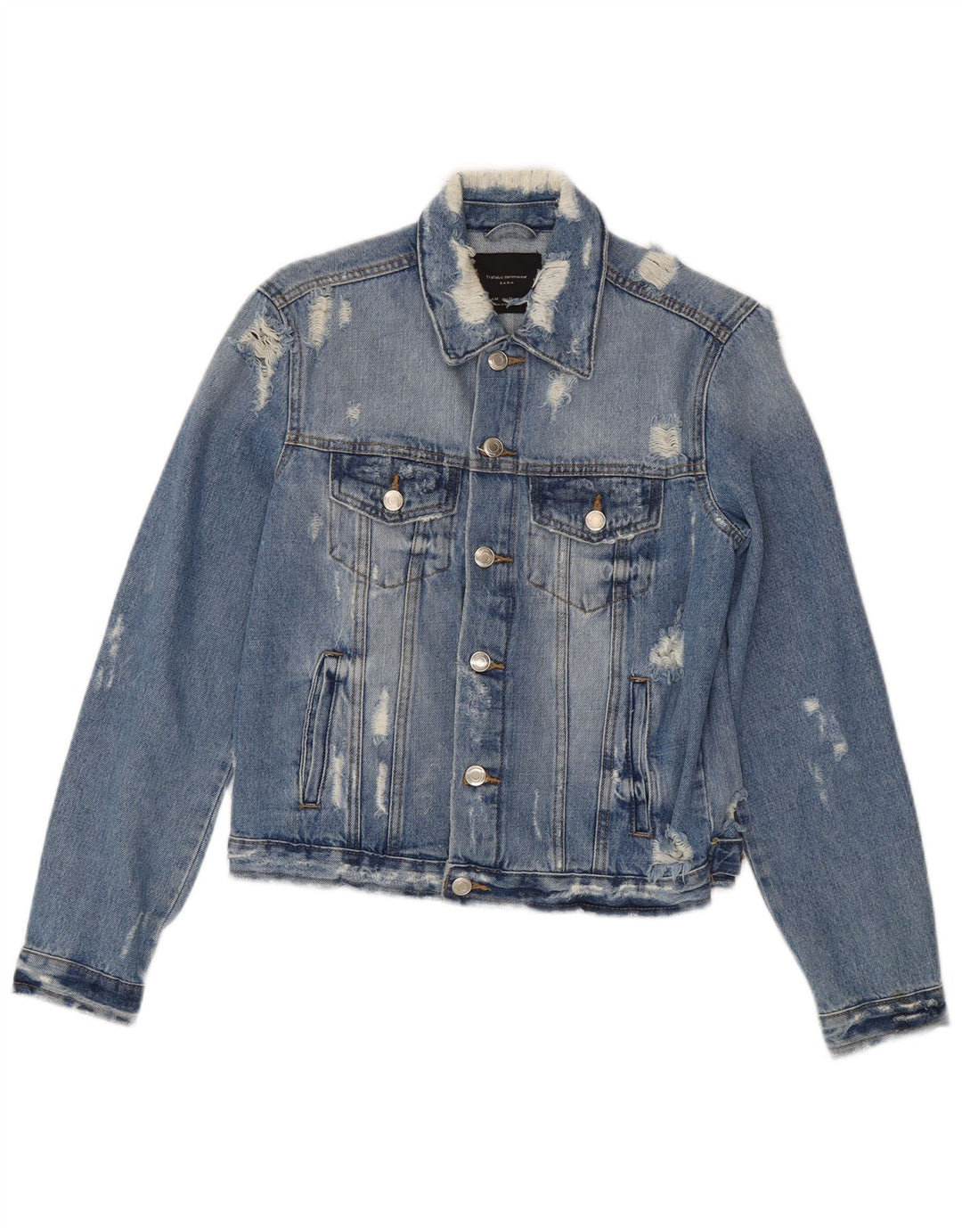 Jaqueta jeans feminina Zara Crop Distressed Reino Unido 12 algodão azul médio