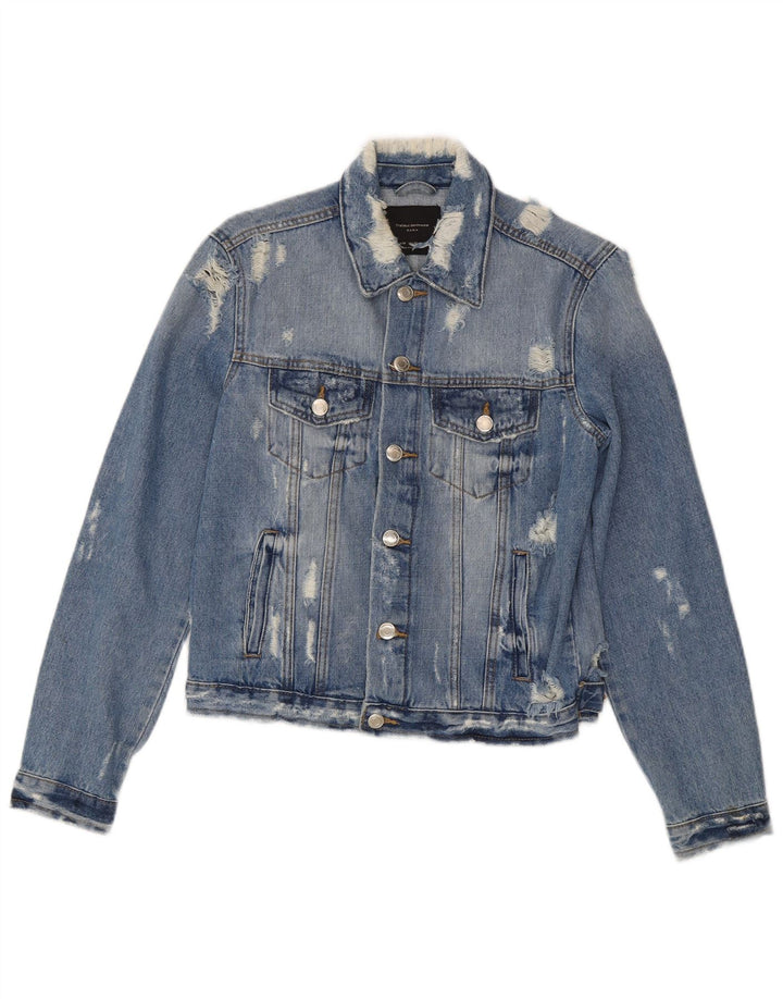 Jaqueta jeans feminina Zara Crop Distressed Reino Unido 12 algodão azul médio
