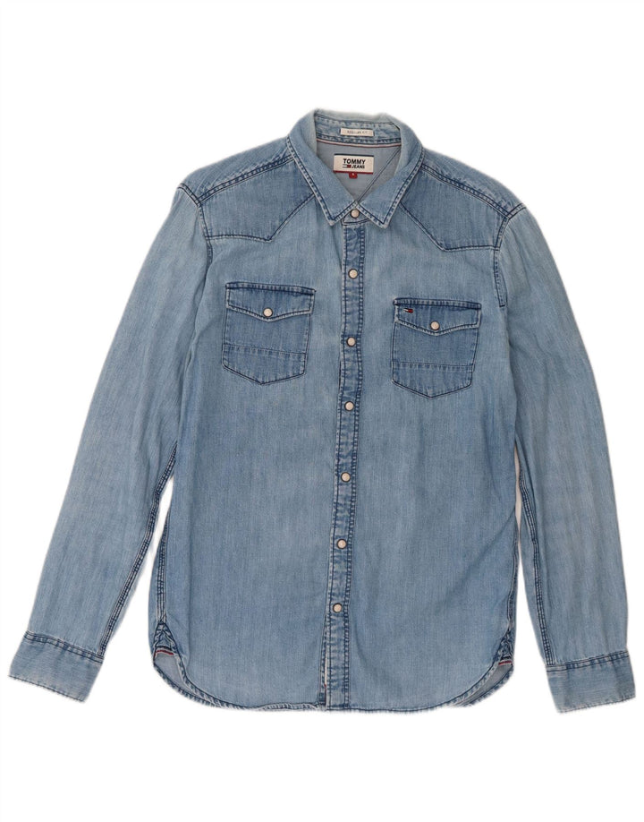 Camisa jeans masculina Tommy Hilfiger pequena azul algodão