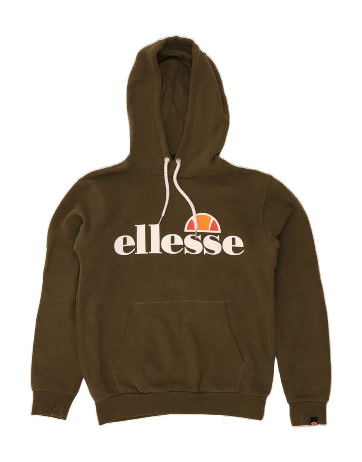ELLESSE Womens Graphic Hoodie Jumper UK 4 XS Khaki Cotton Vintage Ellesse and Second-Hand Ellesse from Messina Hembry 