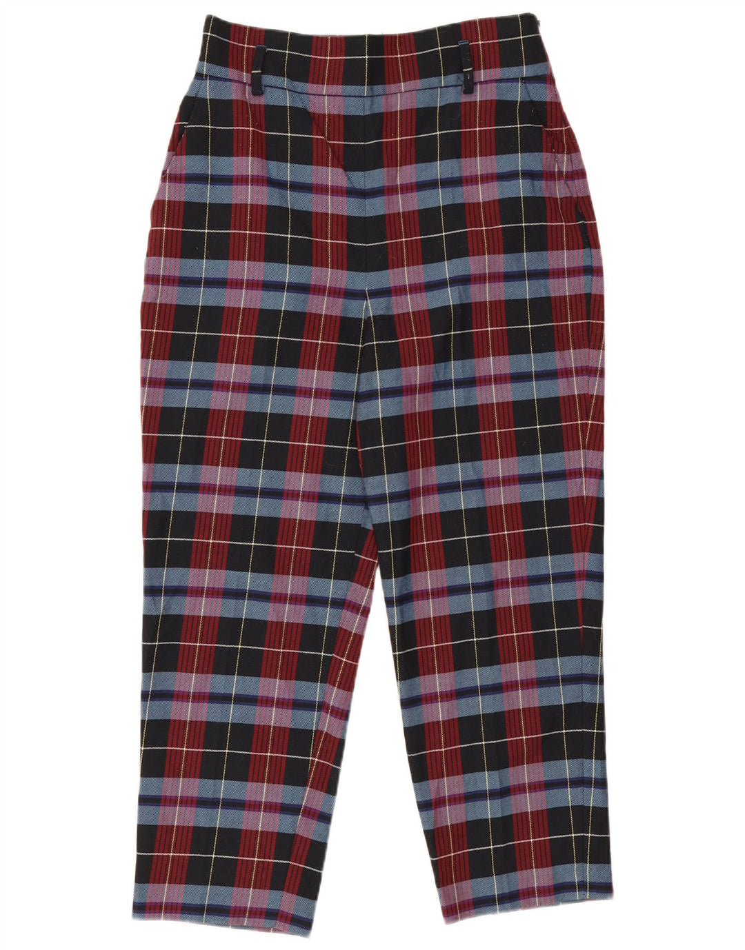 Calça feminina Zara cônica cortada grande W30 L25 poliéster xadrez vermelho