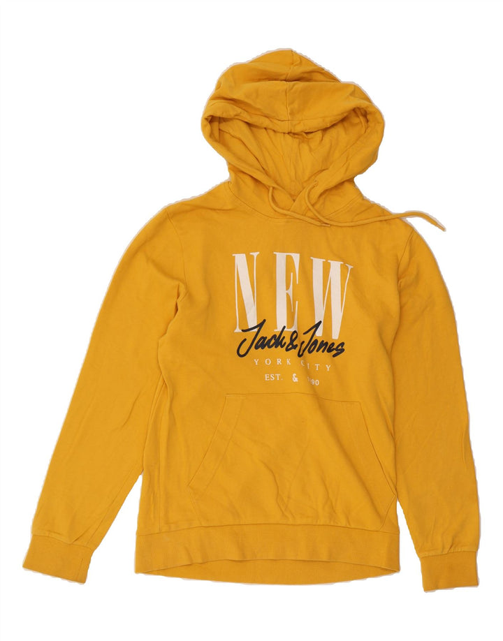 JACK & JONES Mens Graphic Hoodie Jumper Small Yellow Cotton Vintage Jack & Jones and Second-Hand Jack & Jones from Messina Hembry 