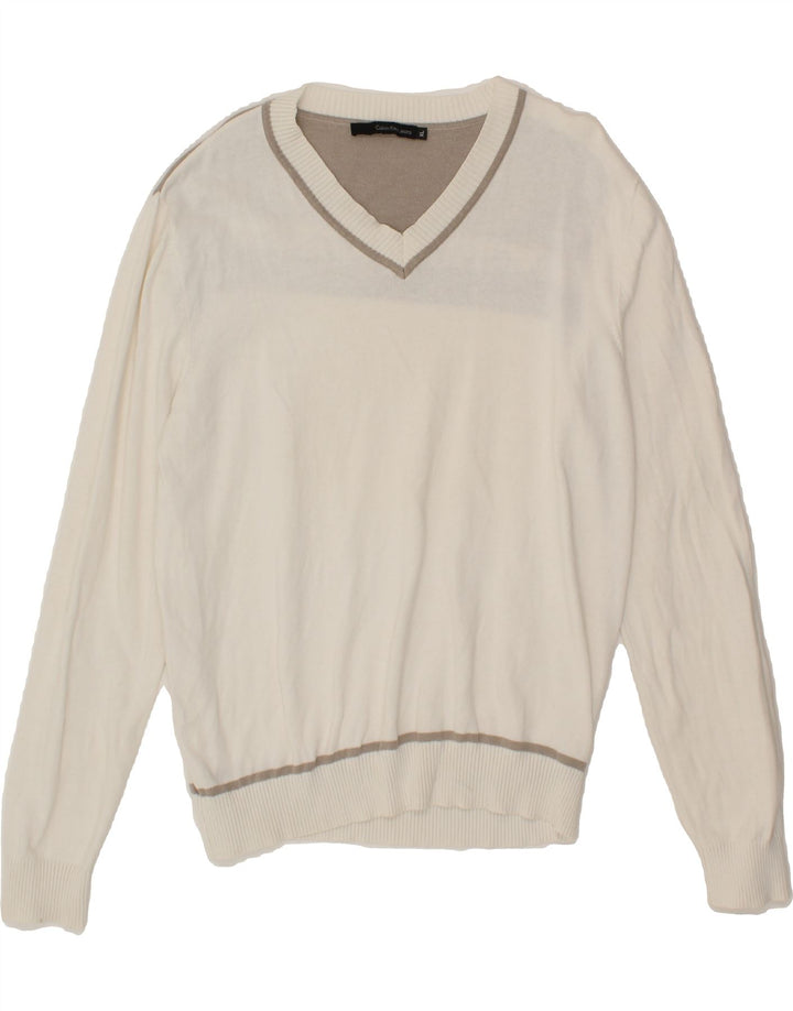 CALVIN KLEIN Mens Graphic V-Neck Jumper Sweater XL White Colourblock Vintage Calvin Klein and Second-Hand Calvin Klein from Messina Hembry 