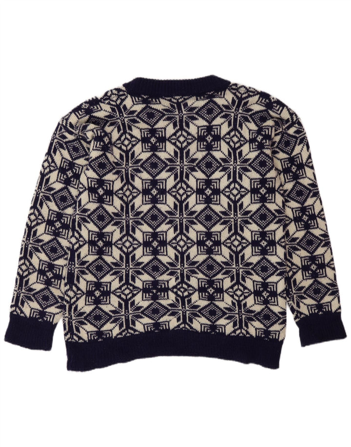 Suéter vintage masculino com gola redonda, médio azul marinho Fair Isle
