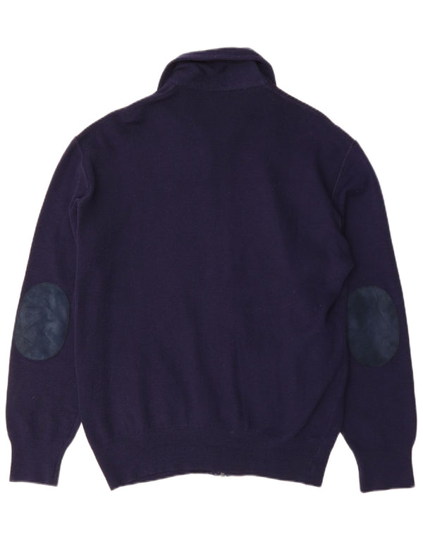 Suéter cardigã masculino vintage de lã azul marinho médio