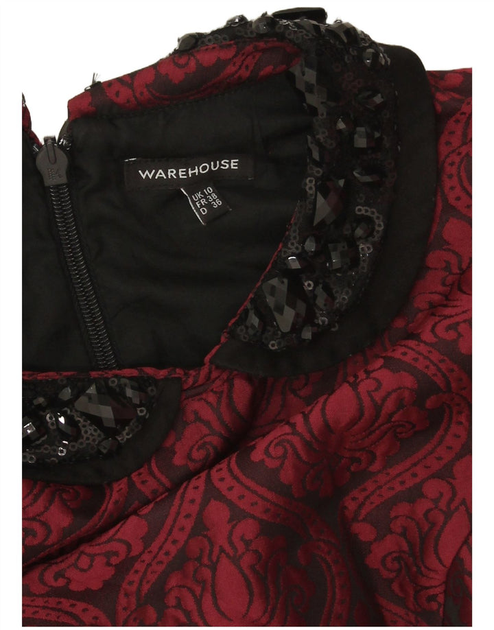 Vestido bainha feminino Warehouse Reino Unido 10 pequeno poliéster Borgonha Paisley
