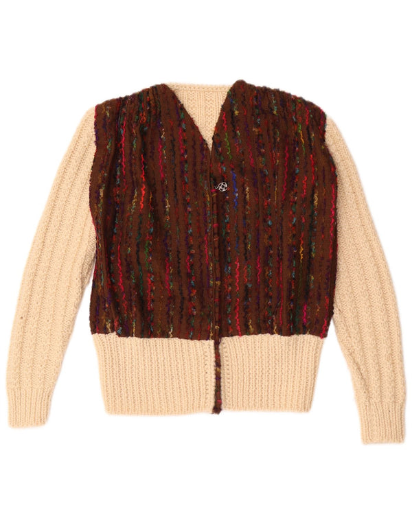 Suéter cardigã feminino vintage UK 12 médio off white colorblock