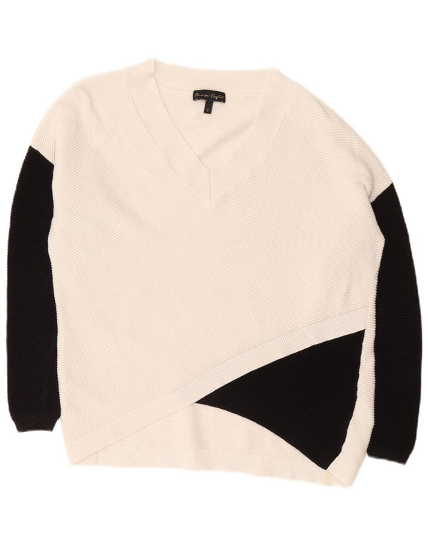 Suéter feminino Phase Eight com decote em V UK 10 pequeno bloco colorido branco
