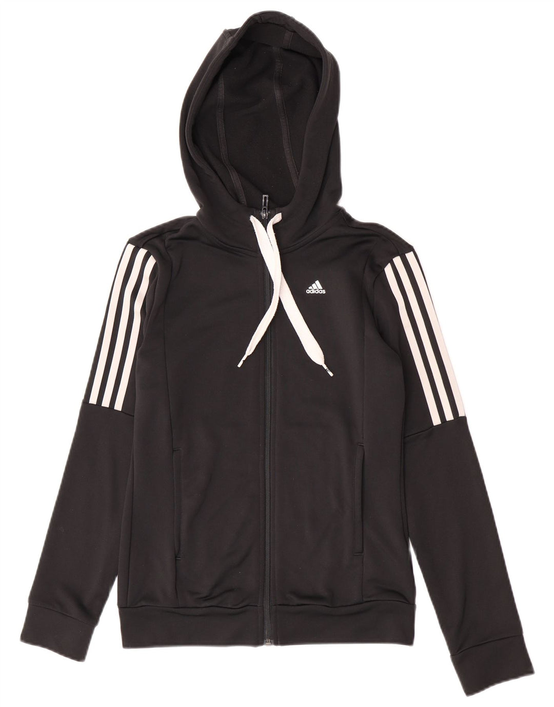 Suéter adidas feminino com capuz e zíper Reino Unido 8/10 pequeno poliéster preto